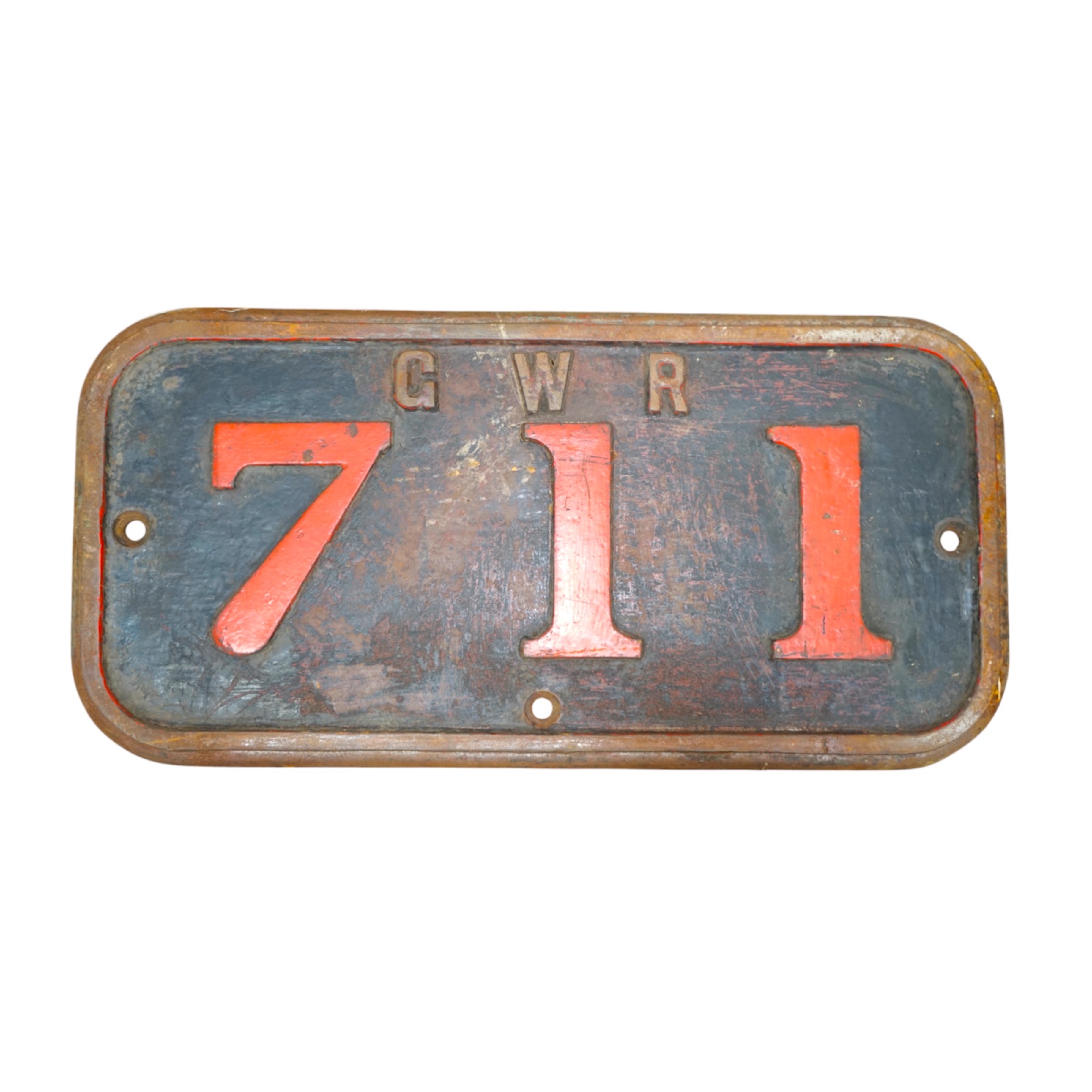 A cast iron GWR locomotive cab side number plate for a Class F 0-6-0ST locomotive, 711, built in 1890 for the Barry Railway, and withdrawn by the GWR in 1934 and sold to Powell Duffryn Coal Co., the locomotive was scrapp